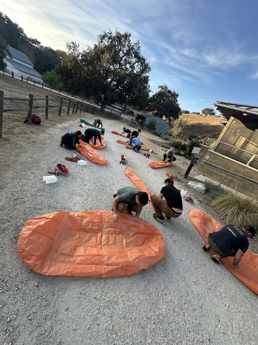 People in field with orange fire shelters